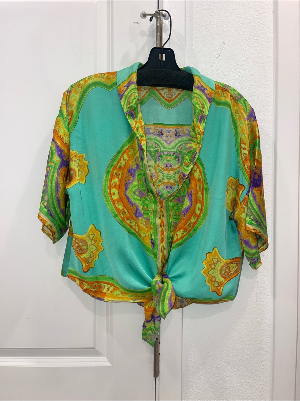 Zara Turquoise Tie-Front Printed Blouse with Yellow and Purple Accents